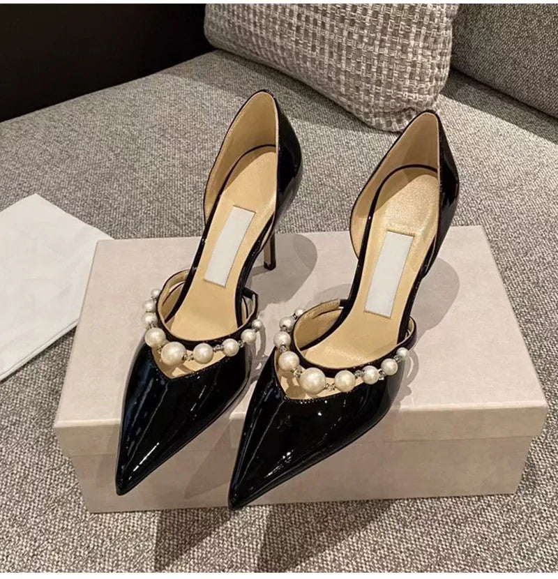 Star style Luxury Pearls Rhinestones Leather Pumps