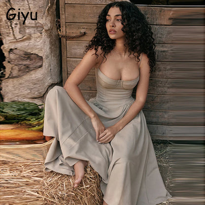 Giyu Sexy Evening Party Dress Women 2024 Summer Elegant Vintage Pleated Dresses Spaghetti Strap Backless Holiday Robe Femme