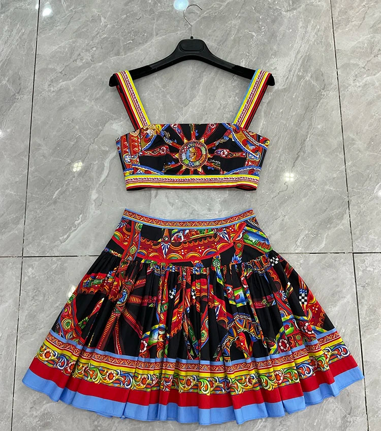 Seifrmann Casual printed cotton two-piece square neck sleeveless top high waist skirt suit 2026 autumn women's new style - Shellss