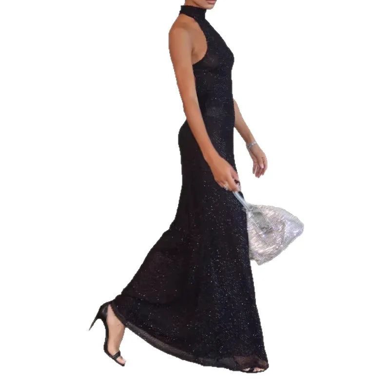 Sexy Slimming Neckline Evening Dress Mesh Grid Pattern Long Sleeve Polyester Fabric Evening Gown for Party And Commute