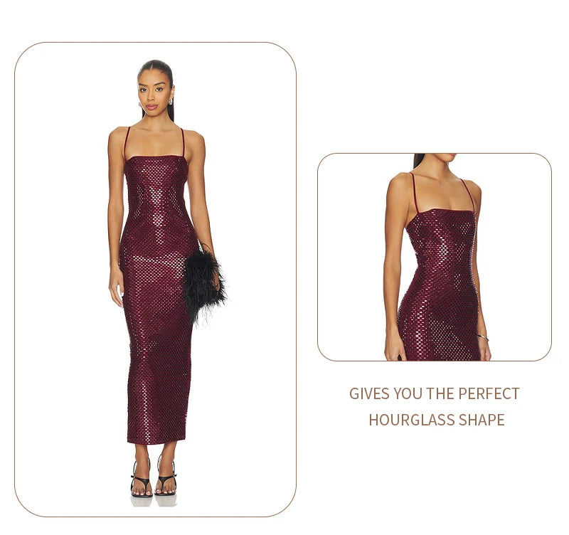 Burgundy Sequin Spaghetti Strap Midi Dress Bodycon Sparkly Evening Party Cocktail Formal Dress Women's Slim Fit Backless Gown