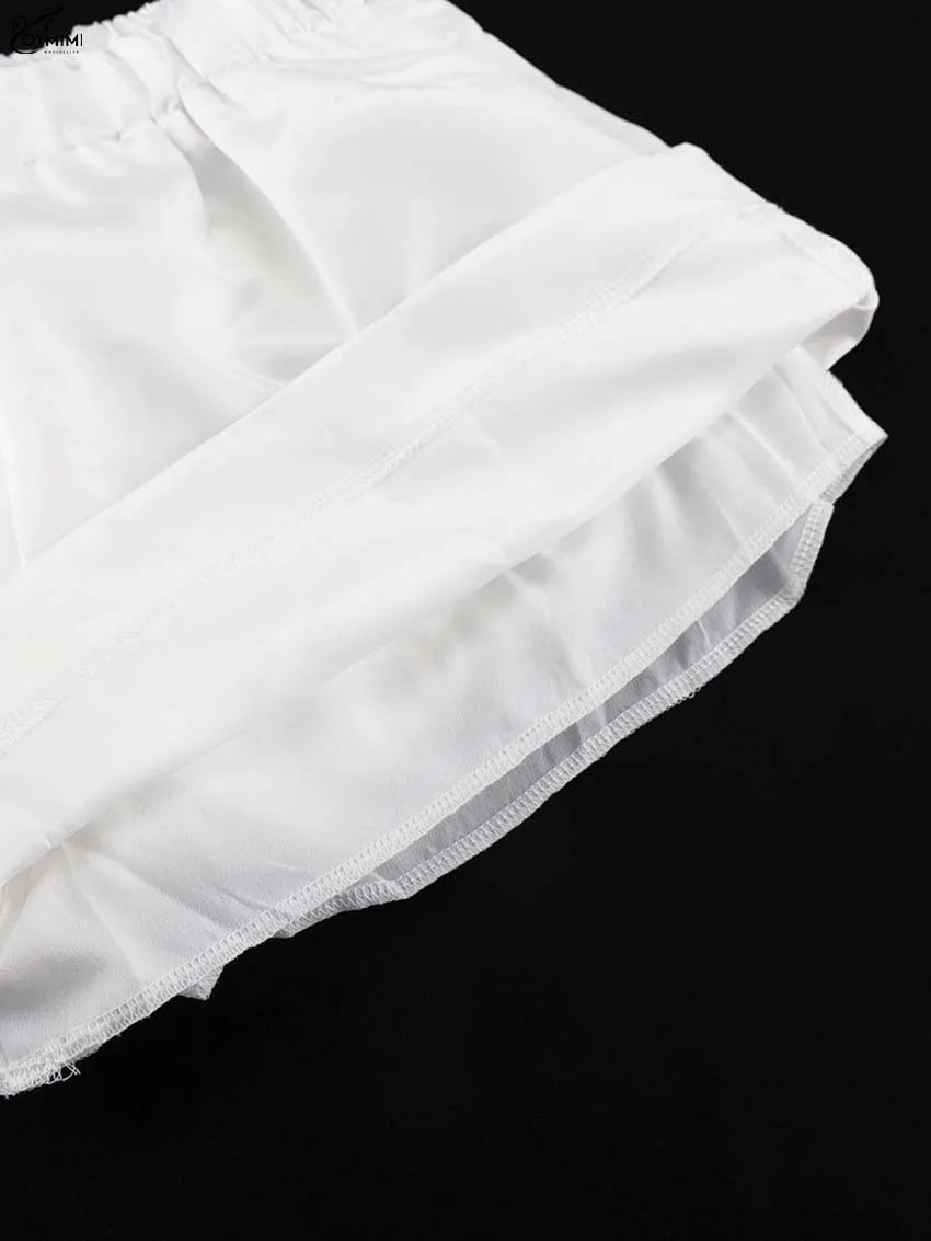 White Satin 2 Piece Sets Puff Sleeve