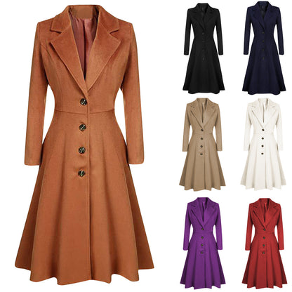 Long Trench Coat Winter Lapel Button Jacket Slimming Waist Pleated Hem