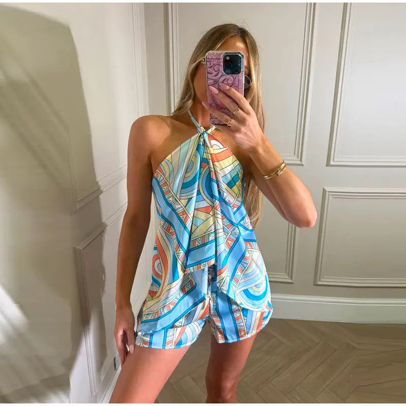Sexy Women's Satin Printed Vest Shorts Set Lace Up Backless Strapless Crop Tops High Waist Short Pant 2026 Summer Beach Suit