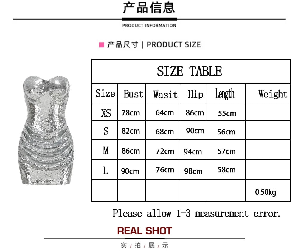 New Silver Sequined Strapless Dress with Fish Bones Waist Cinching Folded Hips Short Skirt Slim Fit Sexy Party Evening Dress