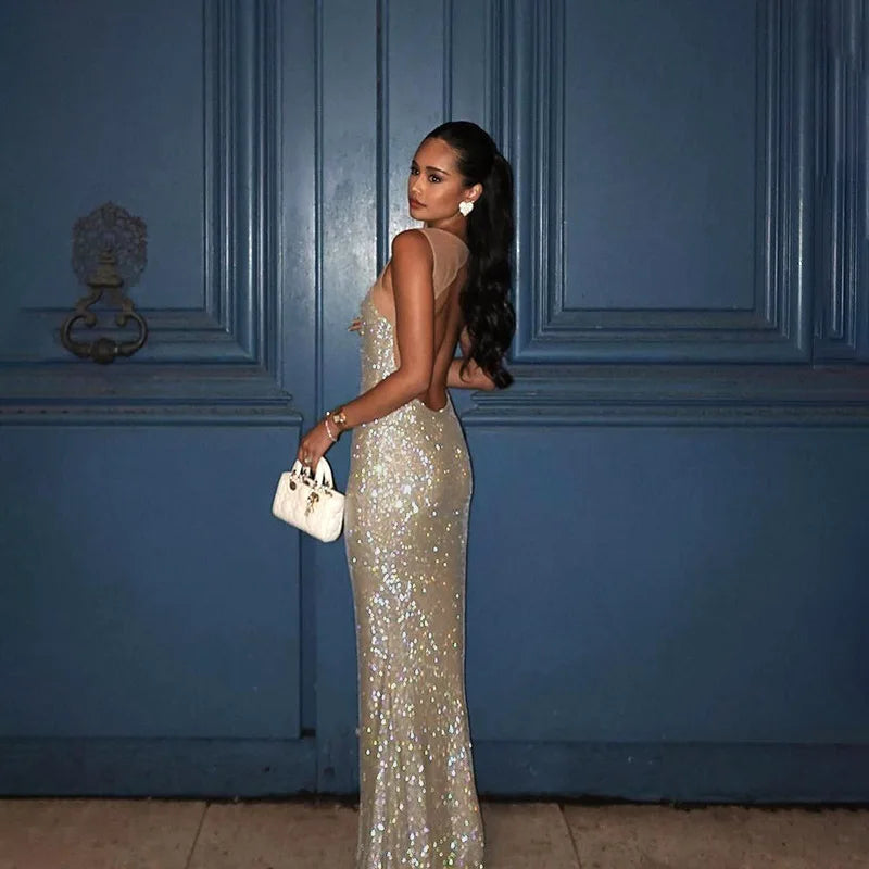 Women Shiny Chic Dress Bling Glitter Sequins Sling Sleeveless Backless Bodycon Maxi Robes Elegant Evening Party Cocktail Gowns