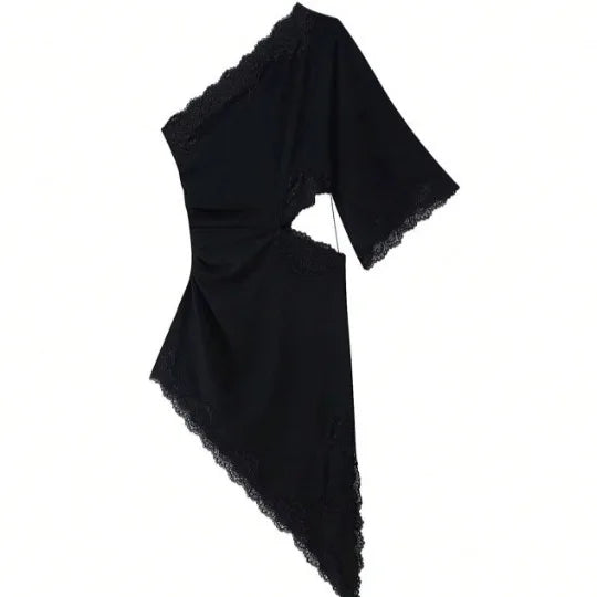 Sexy Lace Splice Bodycon Dress Asymmetrical Short Skirt Polyester Fabric Pure Color Summer 2026 Cross-Border Elegant Draped Gown
