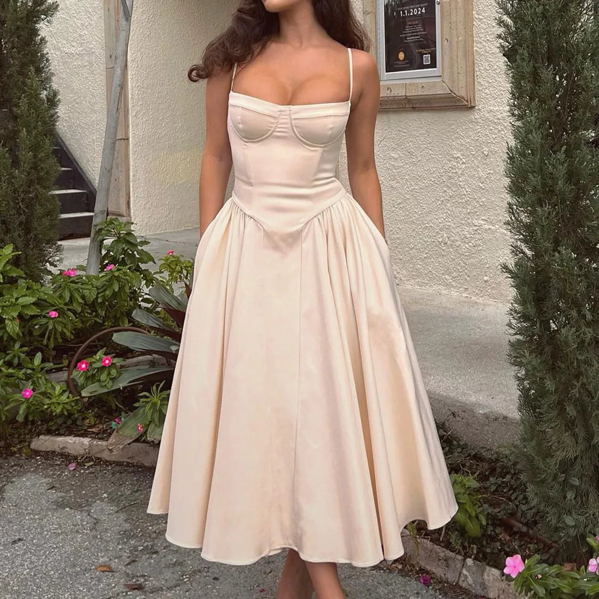 Suninheart Spaghetti Strap Summer Party Dresses 2025 New Arrivals Fit and Flare Elegant Midi Dress Red Night Date Dress - Shellss
