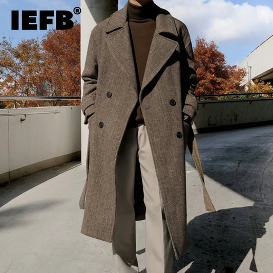 IEFB Winter Men's Woolen Overcoats Thick Double Breasted Belt