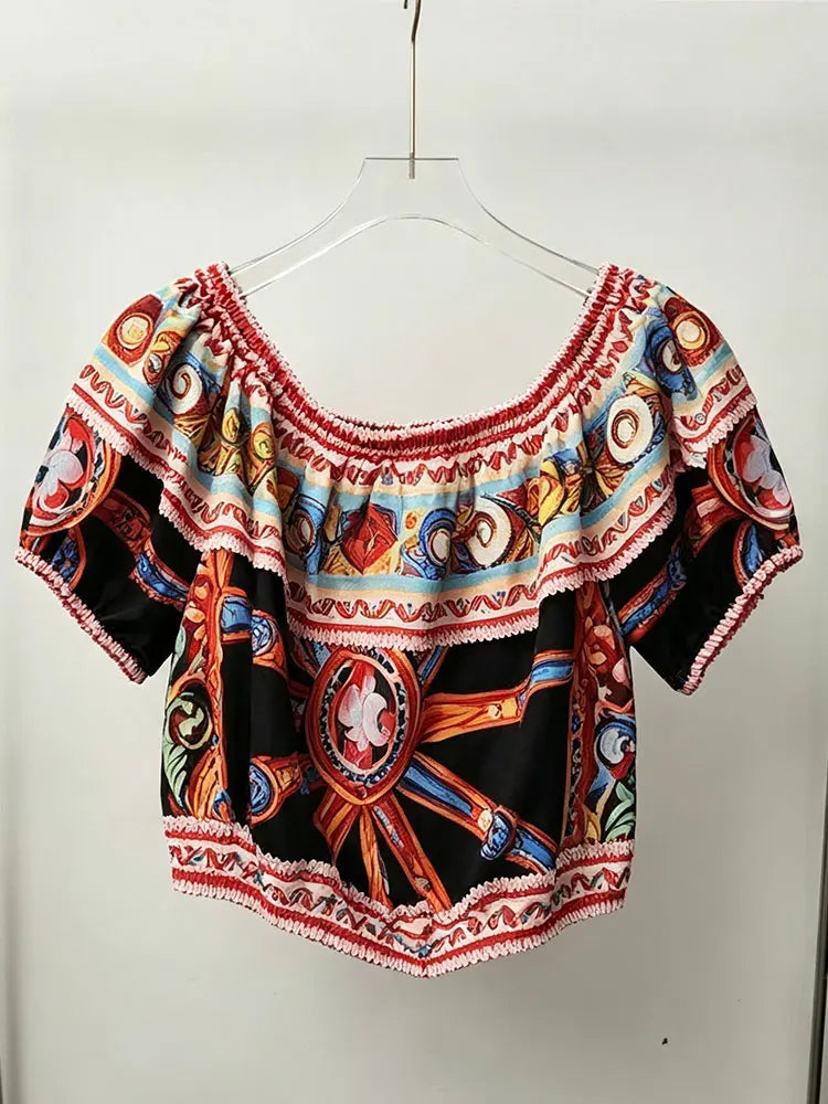 Summer New 2026 Printed Two-Piece Suit with One-Word Collar Sexy Waist-Exposed Top And Elastic Waist Slim Trousers for Holiday - Shellss
