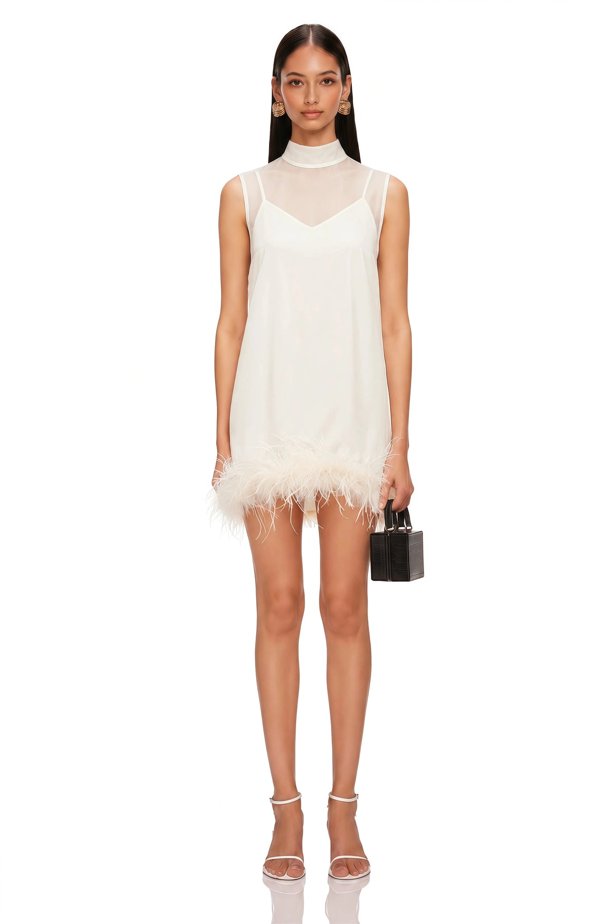 Halloween Outfit High End Feather Mini Cocktail Dress Mock Neck See Through Mesh Sleeveless Short Dress For Cosplay Bachelorette - Shellss