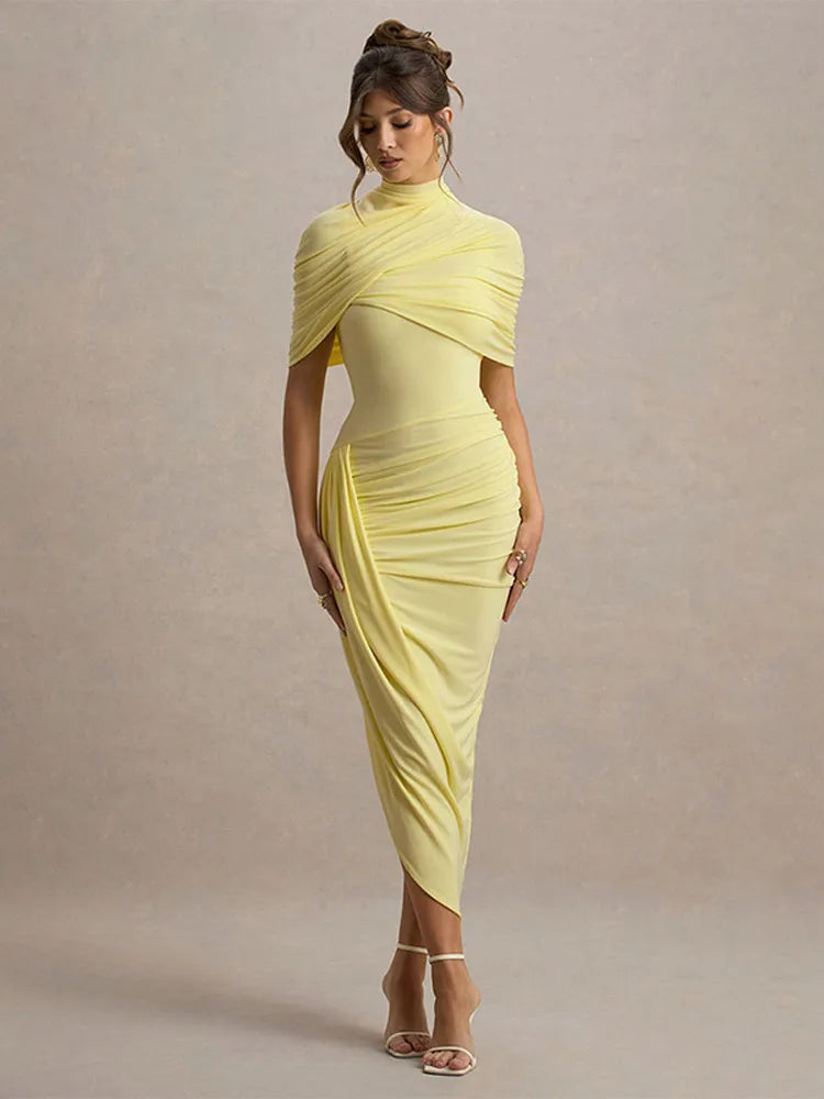Irregular Shawl Blue Maxi Dress Women's Fashion Turtleneck Slim Fit Pleated Vestidos 2025 New Lady Evening Party Robes Summer - Shellss