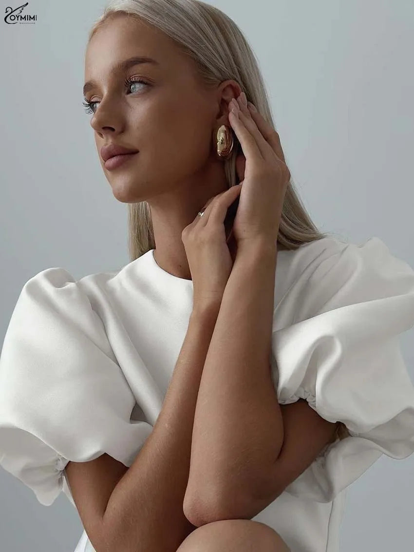 White Satin 2 Piece Sets Puff Sleeve