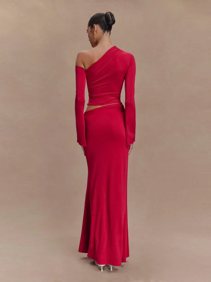Women's Metal Flower Skirt Two Piece Set Sexy Slanted Neck Long Sleeves Top + Slim Long Skirt Suits Celebrity Party Cocktail