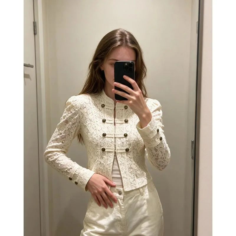 2026French Vintage Floral Lace Cropped Jacket Mandarin Collar Frog Knot Buttons Puff Long Sleeve Slim Retro Outerwear for Women