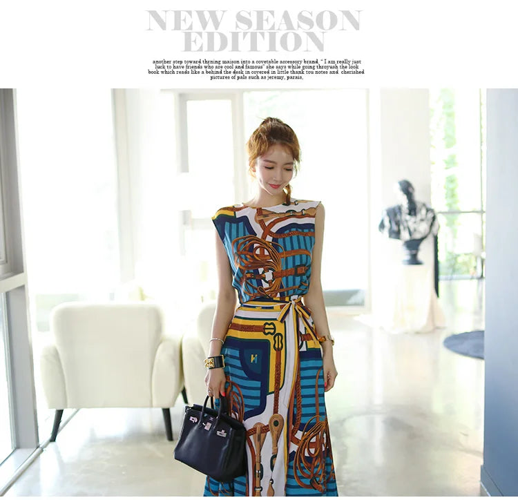 H Han Queen Hot Sales Korean Women's Summer Sexy Prints Work 2 Pieces Set Sleeveless Tops & A-Line Long Skirt Korean Skirt Suit