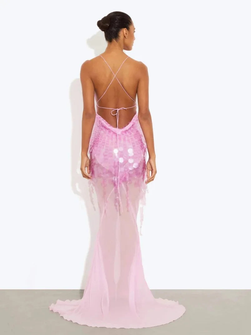 New Summer Sequins Patchwork Mesh Slim Long Dress Women Casual Vacation Dress Sexy Suspender V Neck Backless Evening Dress