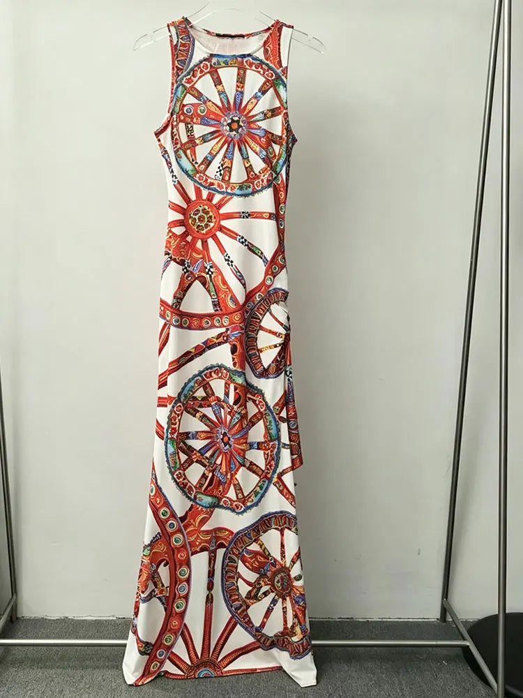 Fashion women's new round neck sleeveless dress colorful wheel print slim irregular temperament dress elegant holiday party dres - Shellss