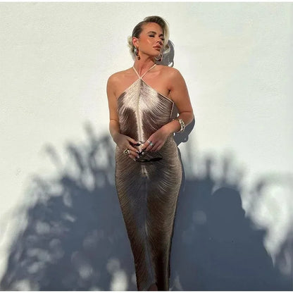 Women's Fashion Tassel Back Split Hanging Neck Dress