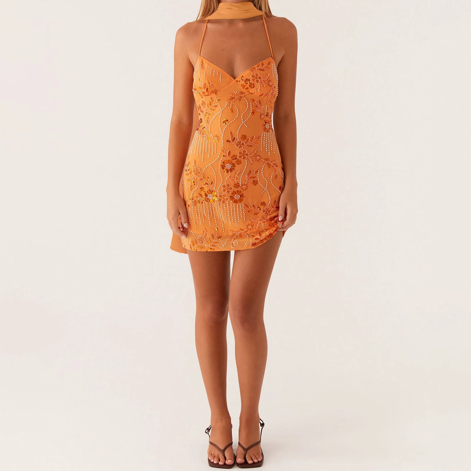 Sequined Flower Embroidery Beaded Bodycon Mini