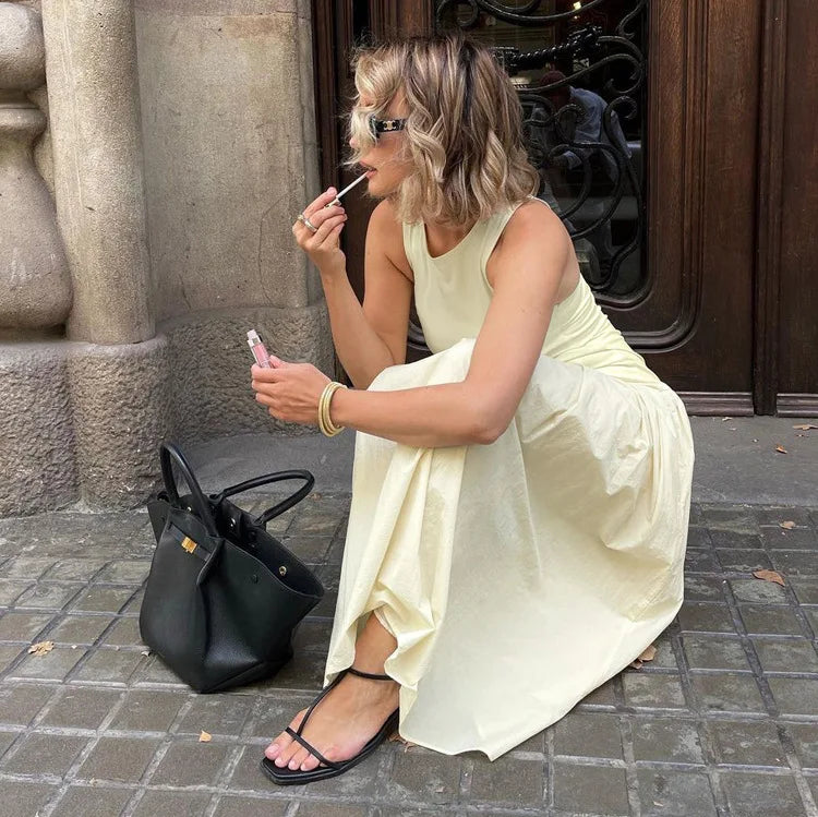 Talenza Elegant Sleeveless Vest Long Dress Women's Summer Solid Color Long Party Dress Pleated Patchwork Casual Slim Long Dress - Shellss