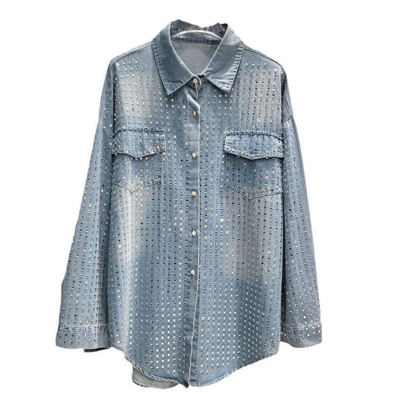 Luxus Damen Pailletten Diamanten Perlen Denim Shirts