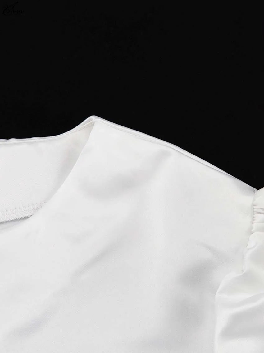 White Satin 2 Piece Sets Puff Sleeve