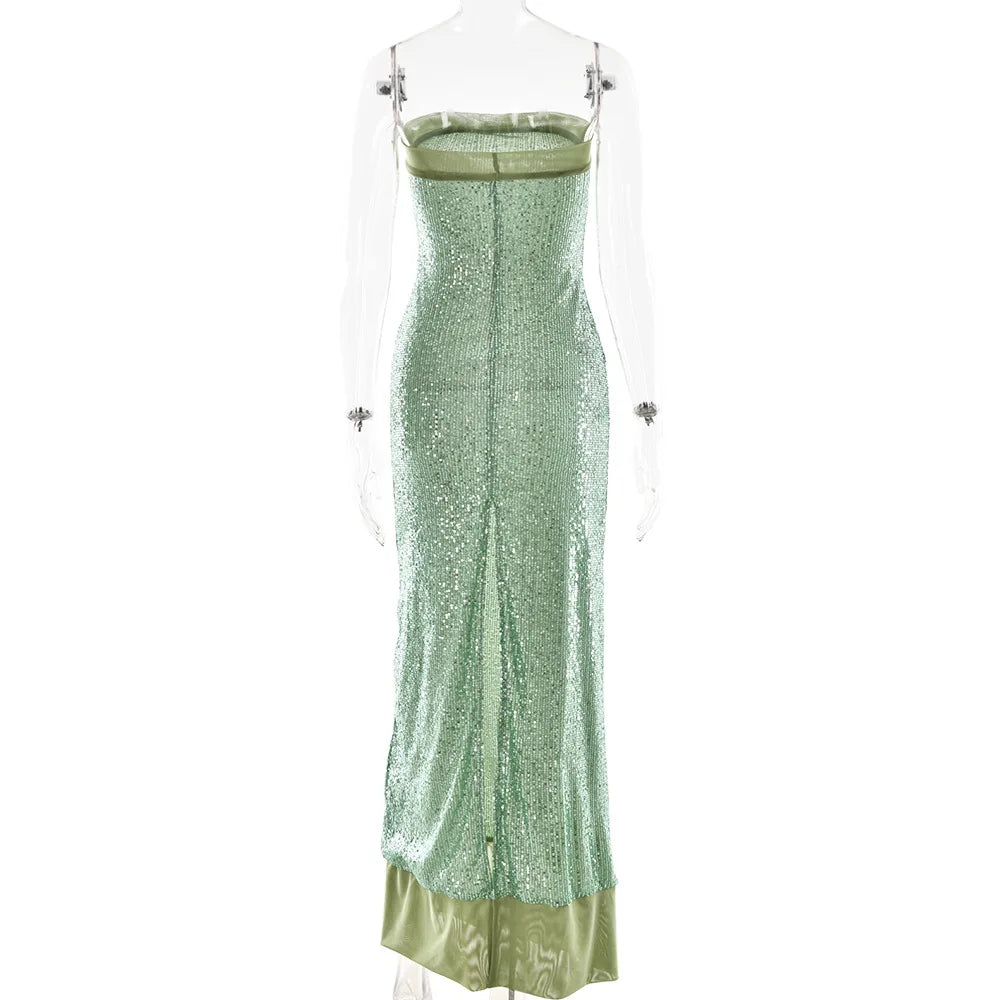 TWOTWINSTYLE Solid Slimming Fashion Dresses for Women Strapless Sleeveless Patchwork Sequins Midi Split Dress Female Clothing