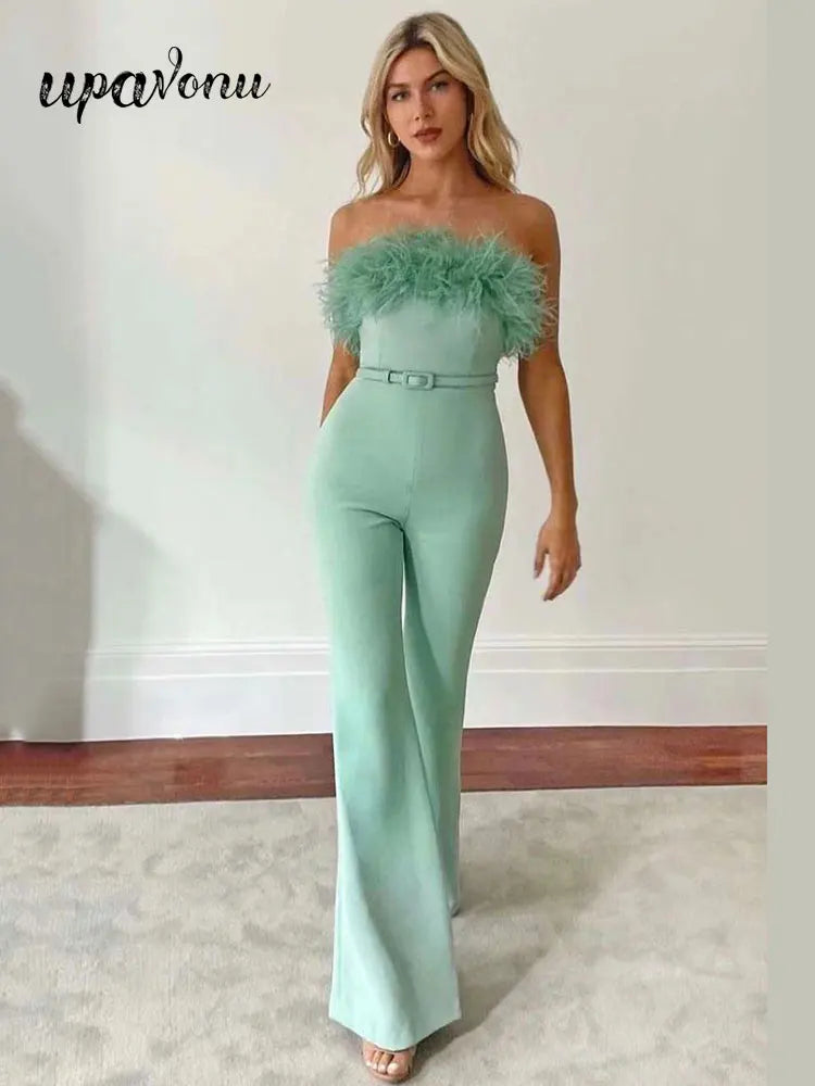 Women Strapless Sleeveless Off Shoulder Feather Design Bandage Jumpsuit