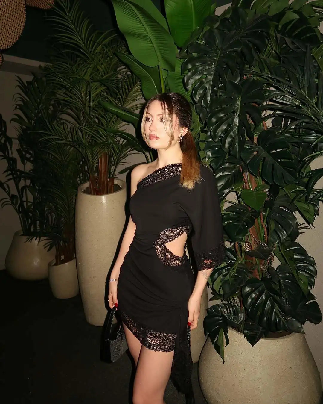 Sexy Lace Splice Bodycon Dress Asymmetrical Short Skirt Polyester Fabric Pure Color Summer 2026 Cross-Border Elegant Draped Gown
