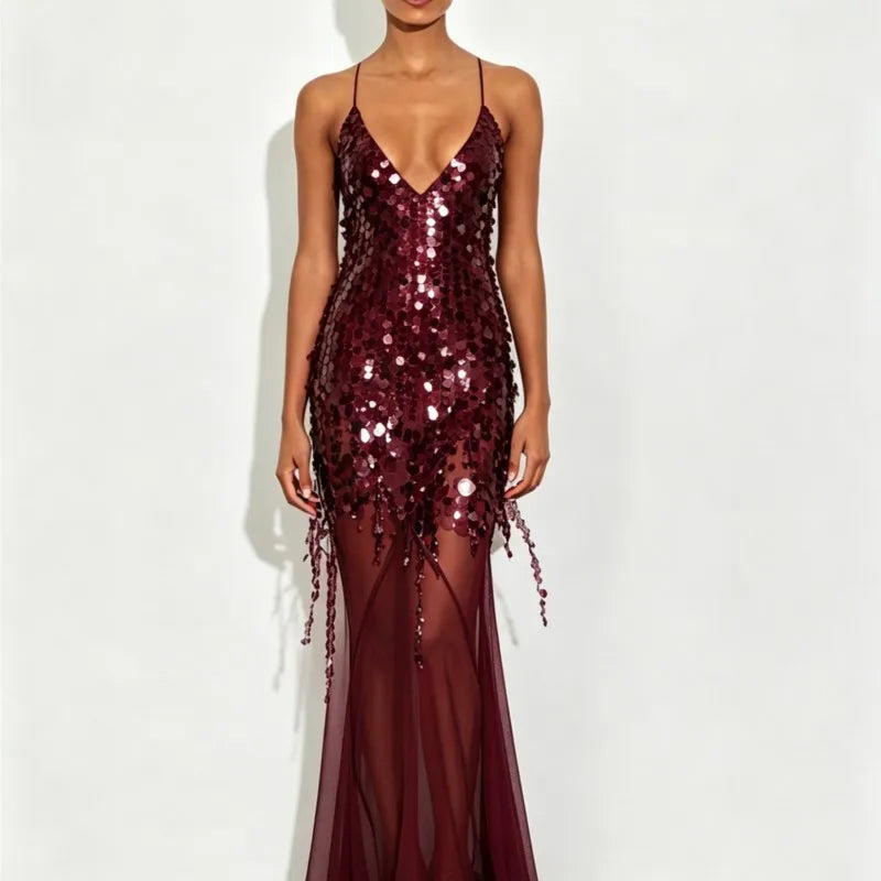 New Summer Sequins Patchwork Mesh Slim Long Dress Women Casual Vacation Dress Sexy Suspender V Neck Backless Evening Dress