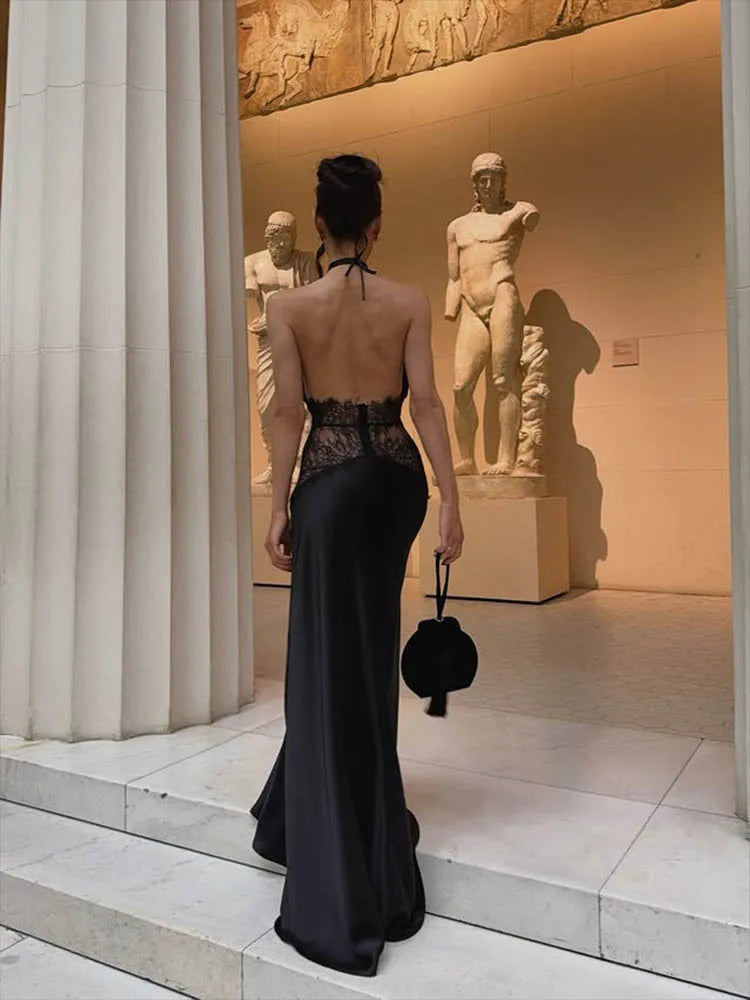 Huhugirl Elegant Long Dresses Sleeveless Lace Patchwork Deep V-Neck Backless Party Club Fashion Summer Style For Women Solid