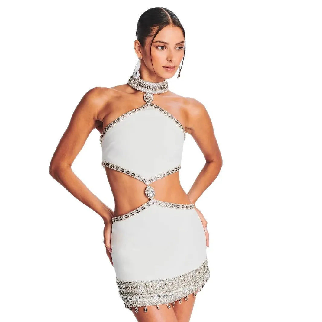 Short Heavy Metal Diamond Embedded Women's Dress Sexy Bodycon Design Belted Waistline Decoration Cross-Border Fashion