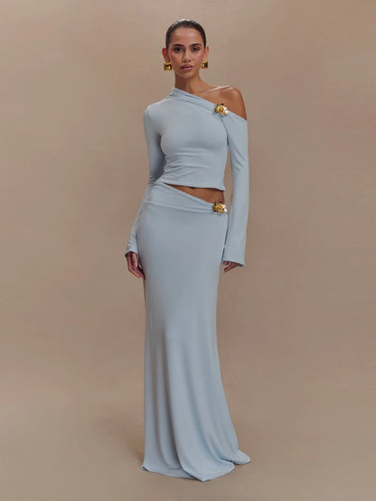 Women's Metal Flower Skirt Two Piece Set Sexy Slanted Neck Long Sleeves Top + Slim Long Skirt Suits Celebrity Party Cocktail