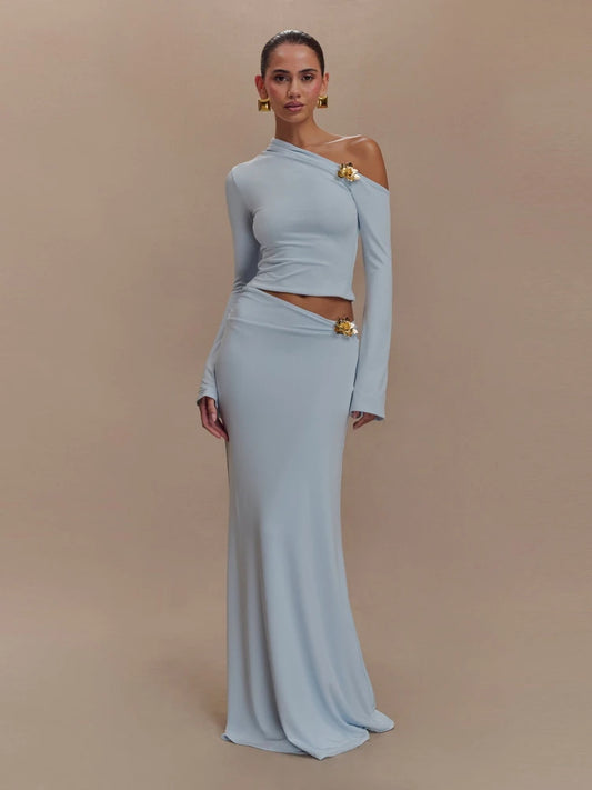Women's Metal Flower Skirt Two Piece Set Sexy Slanted Neck Long Sleeves Top + Slim Long Skirt Suits Celebrity Party Cocktail