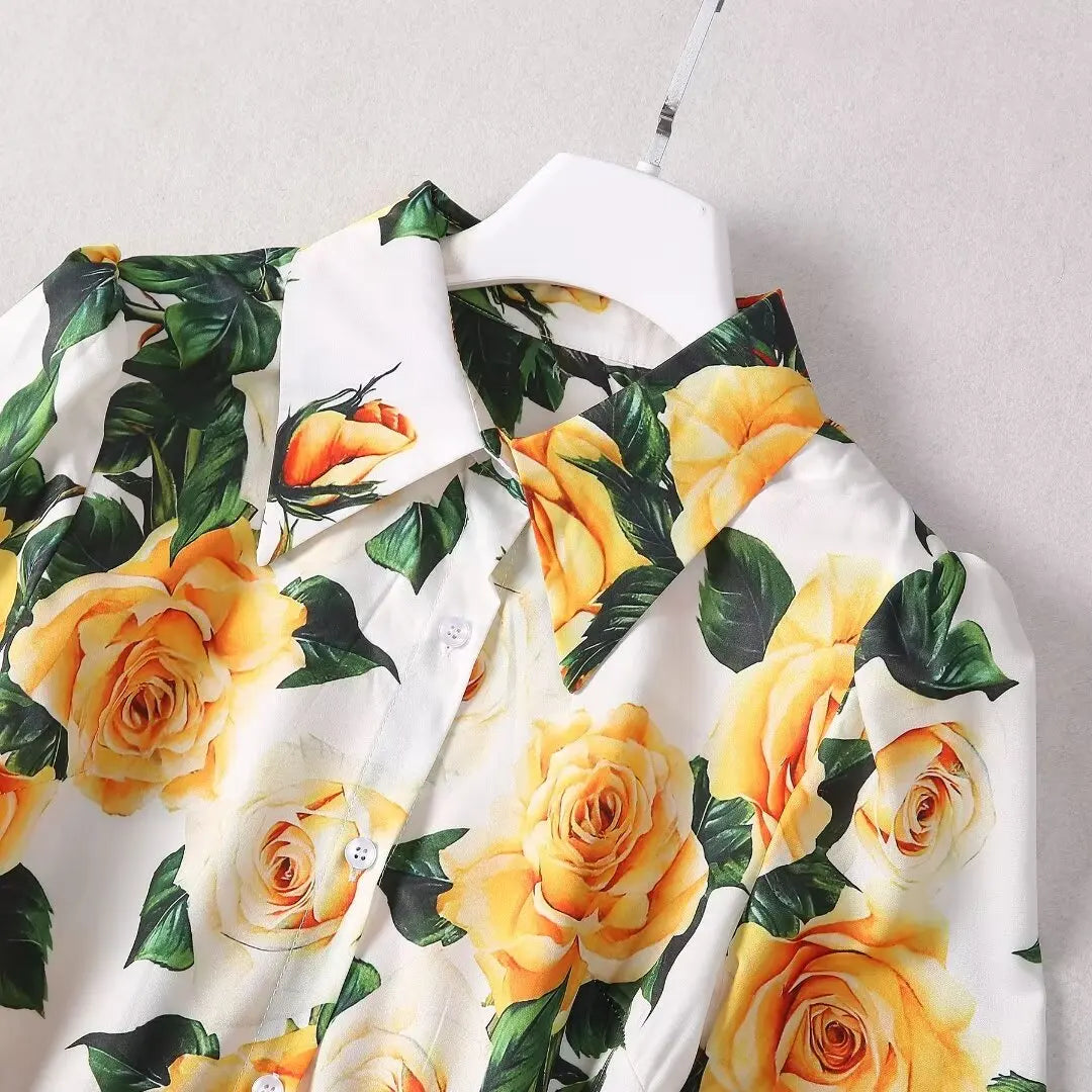 Yellow Roses Midi Dress Cotton