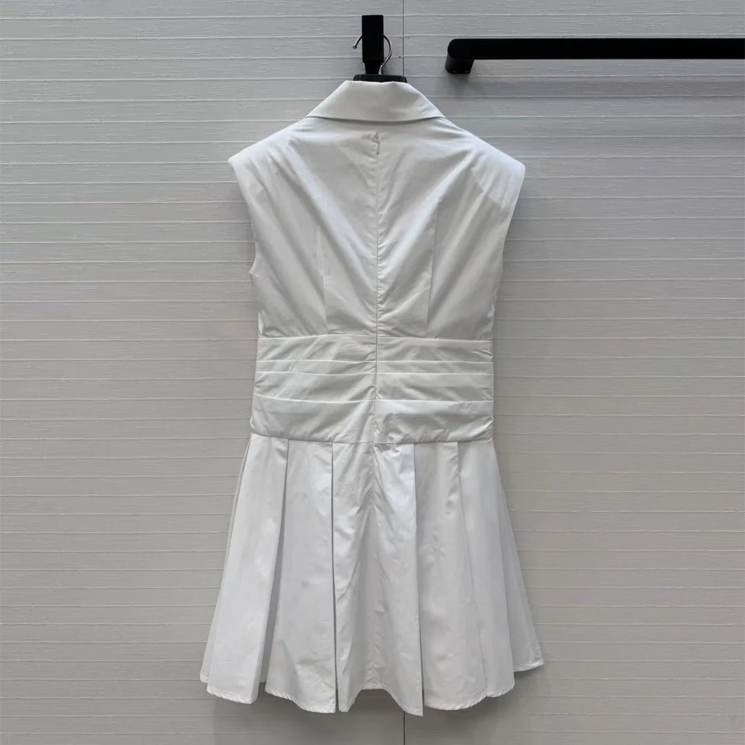 Elegant Fashion Summer White Dress Women Sweet Lapel Sleeveless Slim Wasit Lace-up Belt Mini Dresses