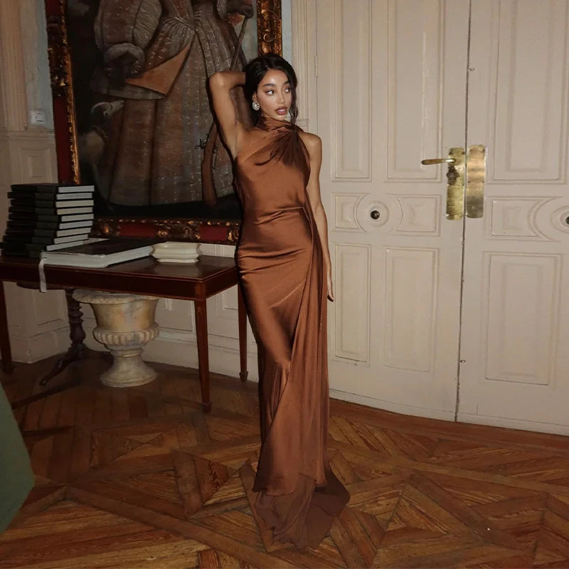 Elegant Satin Ribbons Halter Party Dress