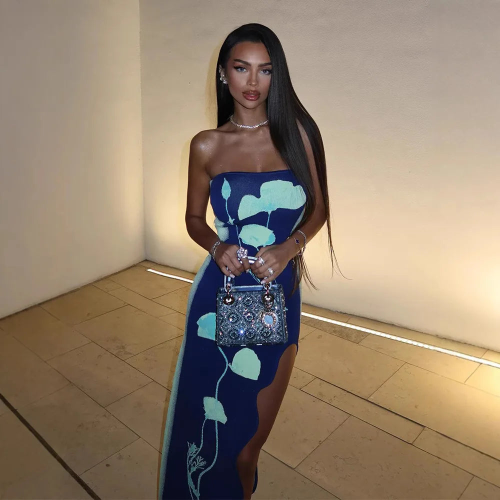 Fashion Elegant Sleeveless Print Long Dress Women's Sexy Backless Strapless Bodycon Maxi Dresses Summer Beach Holiday Long Robe