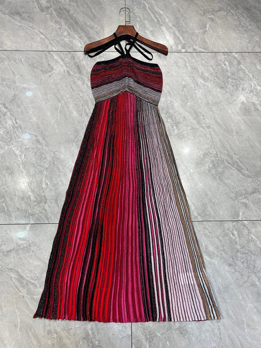 TWOTWINSTYLE Colorblock Spliced Striped Fashion Dresses for Women Halter Neck Sleeveless Patchwork Bright Silk Dress Female New