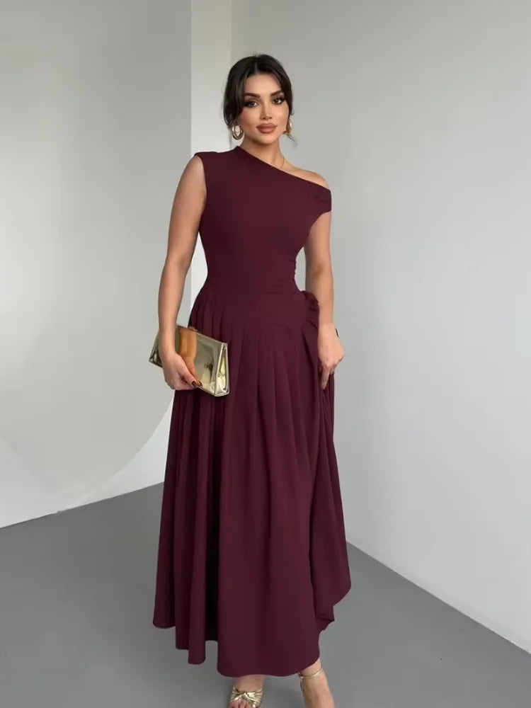 Elegant Wine Red Irregular Neck High Waist Pleated Hem