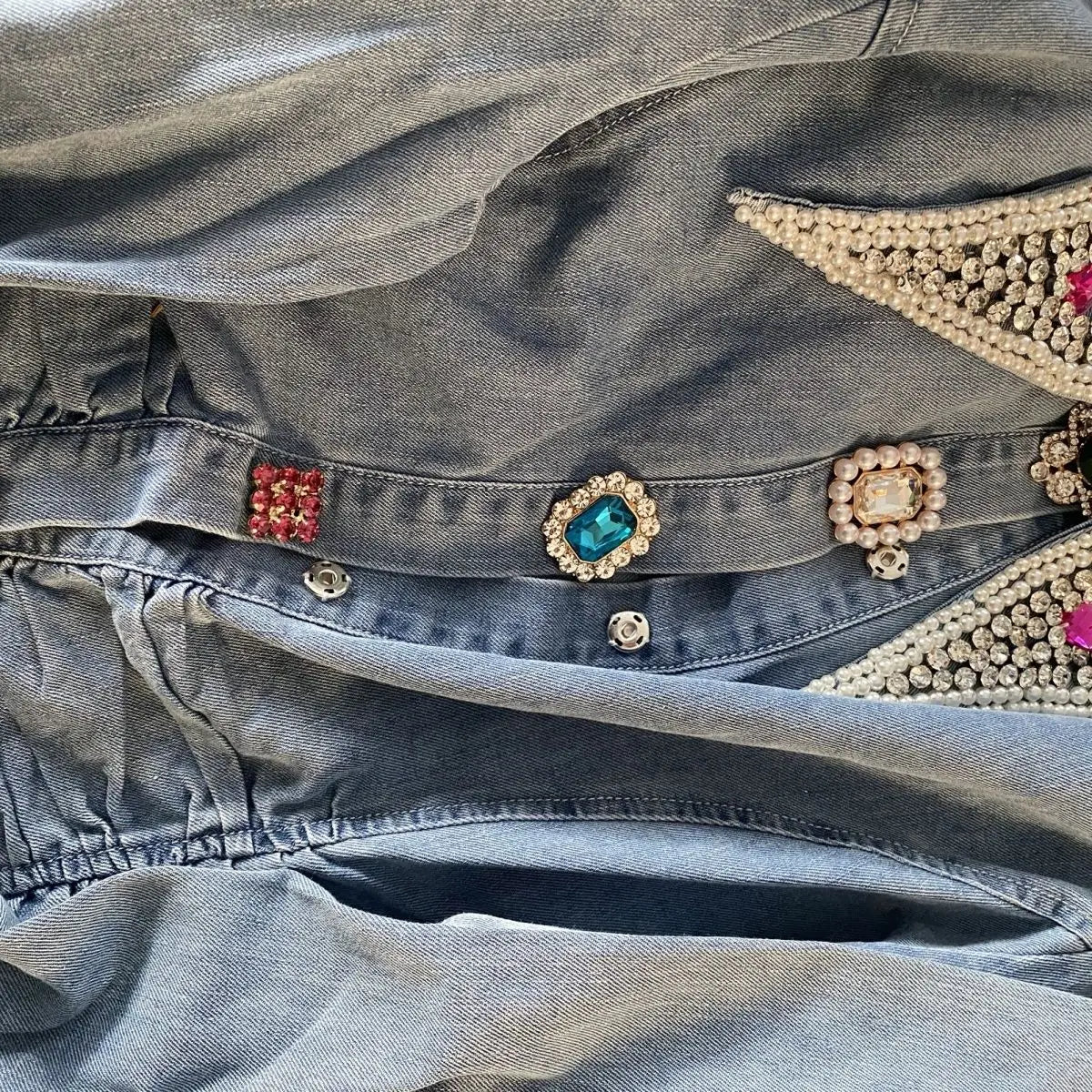 Beaded Denim Shirt Spring Lantern sleeve