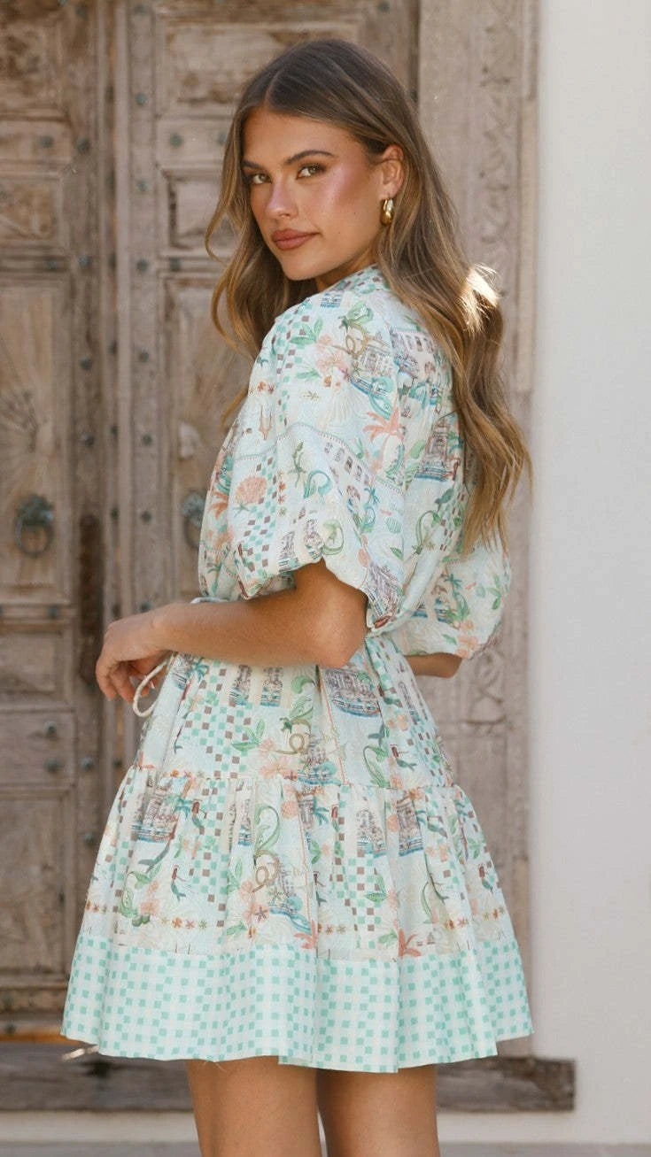 Casual Printed Lace up Dress High Waist Holiday Gown Elegant Waist Cinching Kaftan for Ladies Summer Season Button Closure - Shellss