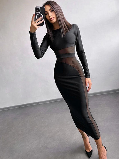 Elegant Directional Design  New Mesh Splicing Long Sleeve Tight Dresses