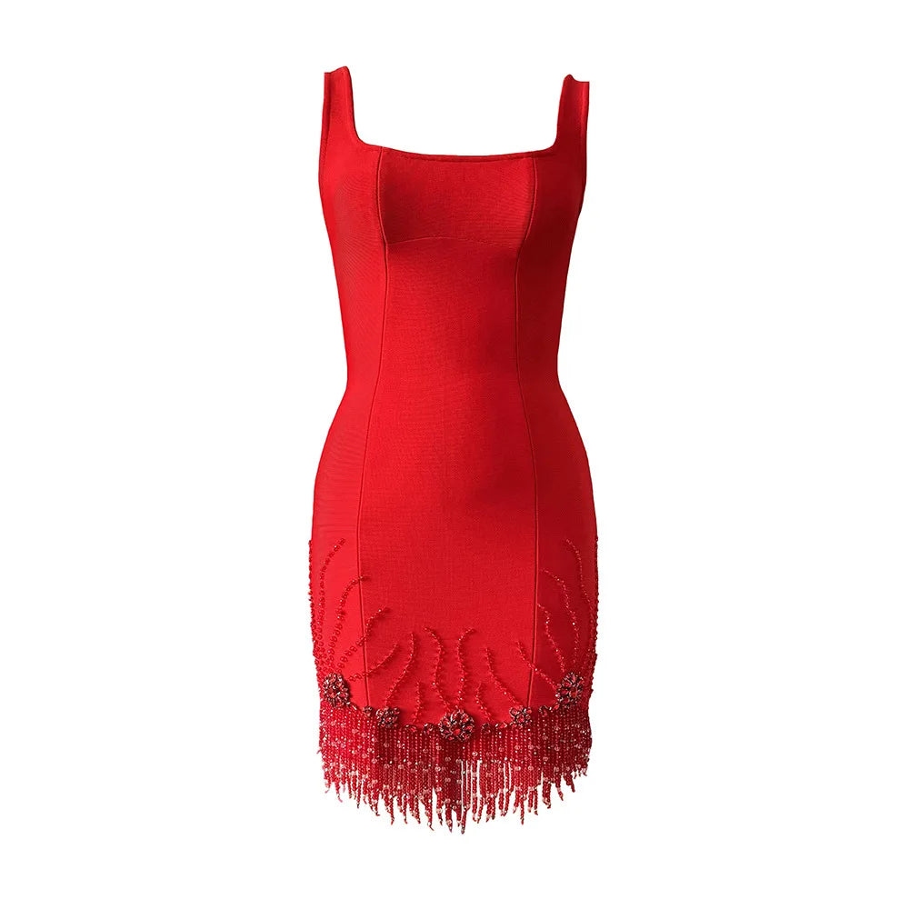 New sexy sleeveless diamond studded mid length dress, beaded tassel bandage dress, dance party dinner dress, short mini skirt