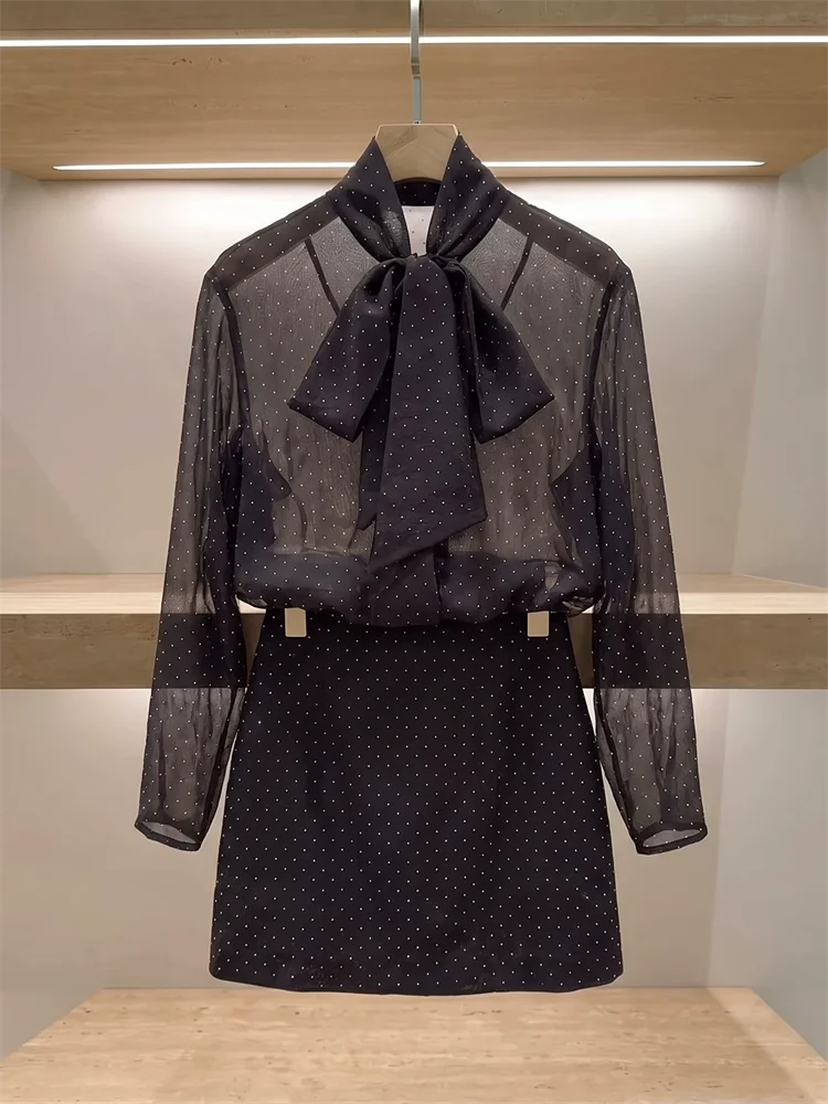 Women Bow Tie Collar Short Dress French Rhinestone Decoration Puff Sleeve Female Elegant Fake Two Piece Mini Robe Autumn New - Shellss