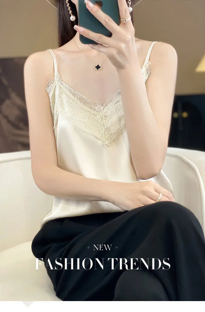 Satin Lace Trim V-Neck Crop Top