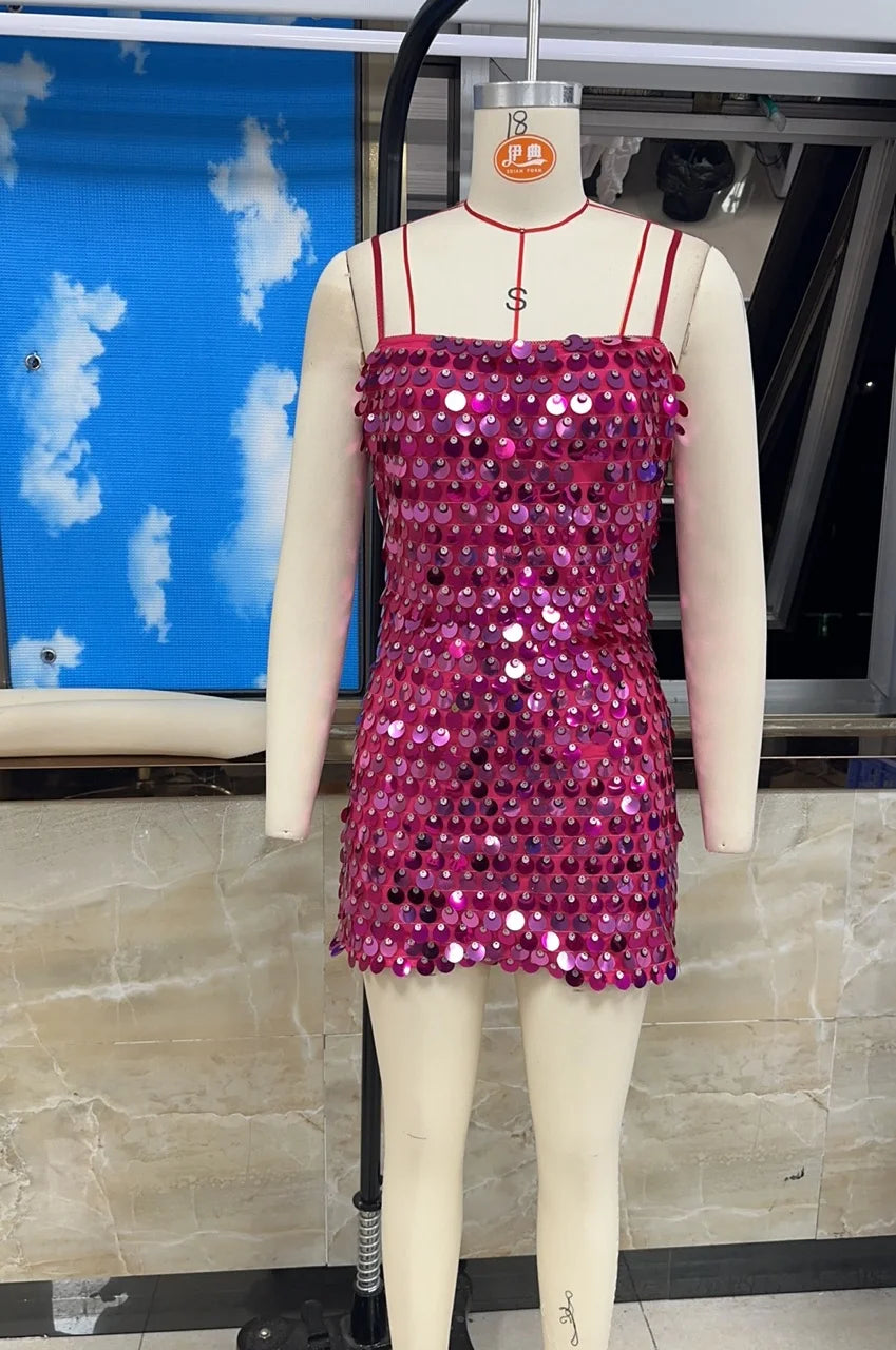 Women Party Club Shiny Sequined Backless Cami Dress Y2k Sparkly Slim Fit Adjustable Thin Spaghetti Strap Mini Bodycon Slip Dress
