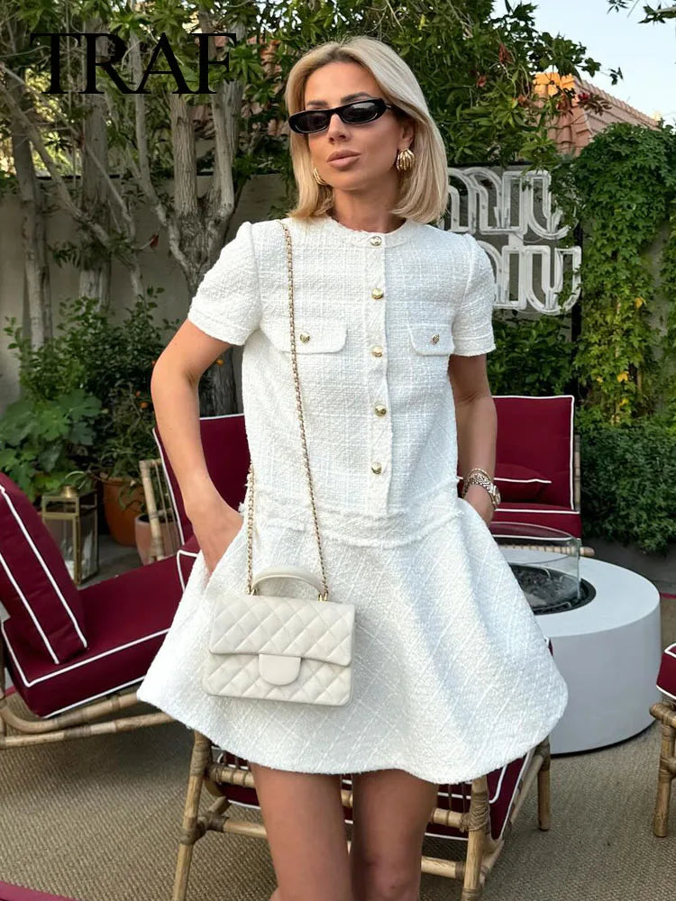 Chic O-Neck Party Dress Women Texture Pocket Single-Breasted premium