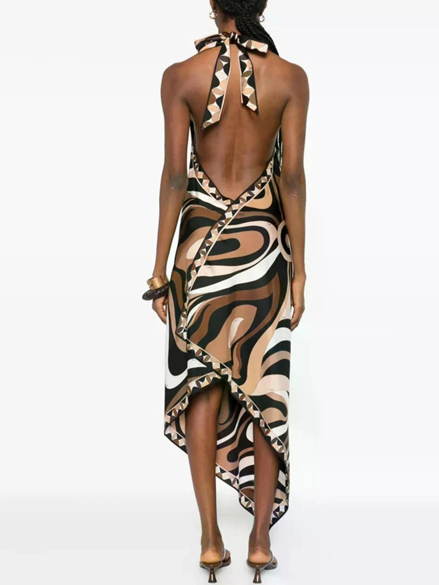 TWOTWINSTYLE Solid Loose Spliced Printing Chic Dresses for Women Halter Sleeveless Vintage Sexy Dress Female Summer Fashion New